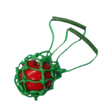 Strong green knotted net bag with plastic tube handles to carry a shotput (not included)