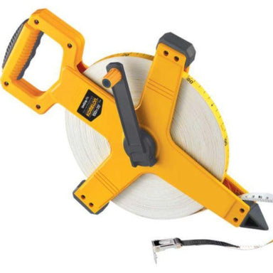 Komelon 100m open reel tape measure | yellow with black handle and white/yellow tape |suitable for use in sandy conditions