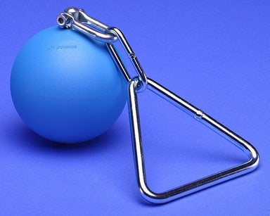 Blue throwing weight adjoined to a triangular handle by a swivel.  Manufactured by Polanik