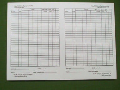 Pad of results sheets for timekeepers.  For a team of 4 time keepers, plus electronic timer.