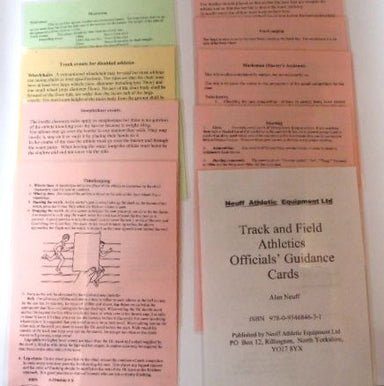 A set of coloured laminated A5 cards, containing informaiton on judging, timing and starting track and field athletics events