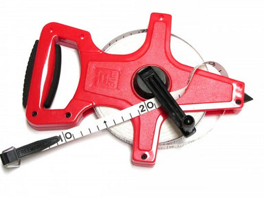 Freeman Tape measure on an open red reel with white tape and black winding handle