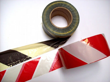 500m roll of polythene safety tape, with either black/yellow or white/red diagonal stripes