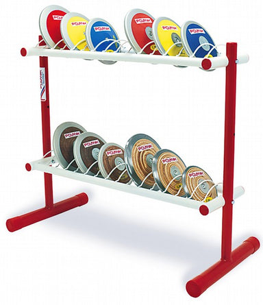 Red and white painted stand with 26 slanted supports to hold discus when not in use. Includes a galvanised handle and wheels to allow the trolley to be stored away from the throwing area.