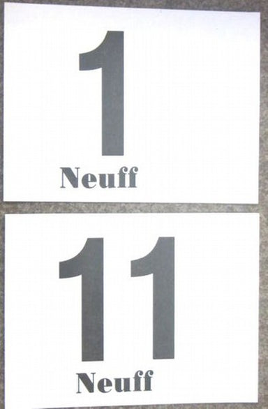 Pin-on numbers for racing.  Pack of 100 numbers of the same number or letter.  Double sided