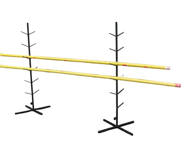 Pair of painted metal stands with 6 pairs of arms each, to hold vaulting poles