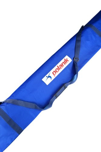 Blue bag for vaulting poles in a tough fabric.  With black carrying strao and 'Polanik' label.