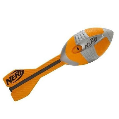 Vortex Mega Howler Whizz Ball.  Small rugby-shaped ball on a stem with a tail, which allows it to be gripped and thrown like a javelin for javelin throw training.