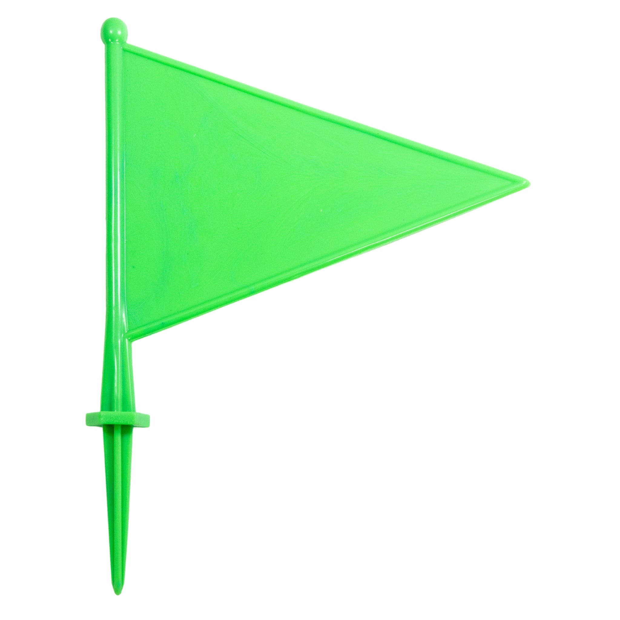 Small plastic pennant flags with integrated spike for sticking in the ground. In various colours