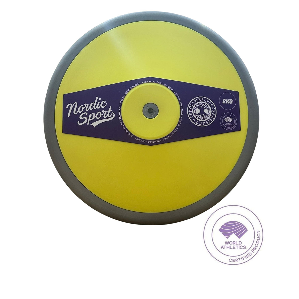 A yellow and gray discus thrower with a purple central label reading 'Nordic Sport' and '2KG', shown on a white background with a World Athletics Certified Product seal in the lower right corner.