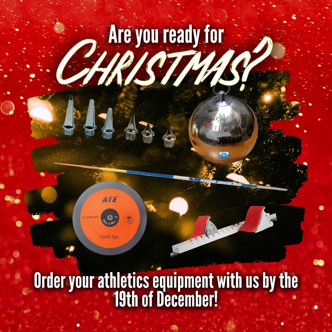 Selection of athletic equipment with a festive background and promotional text