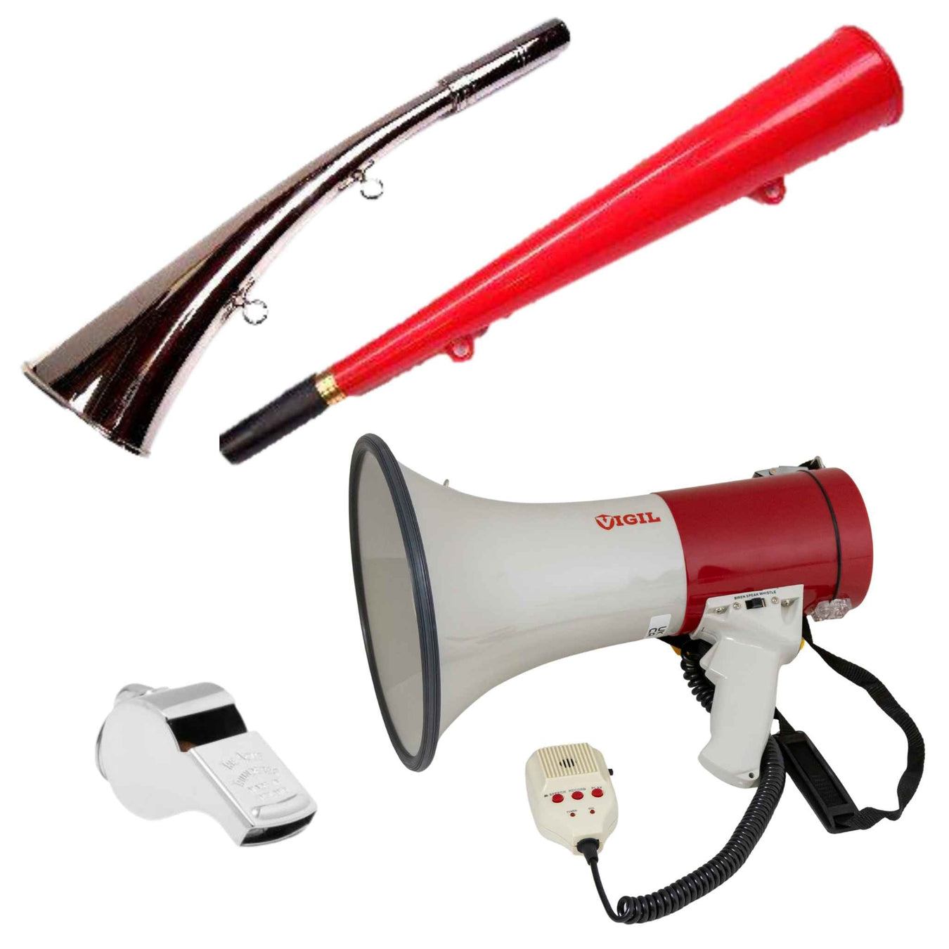 Selection of athletics warning equipment including warning horns, loud hailer megaphone and whistle