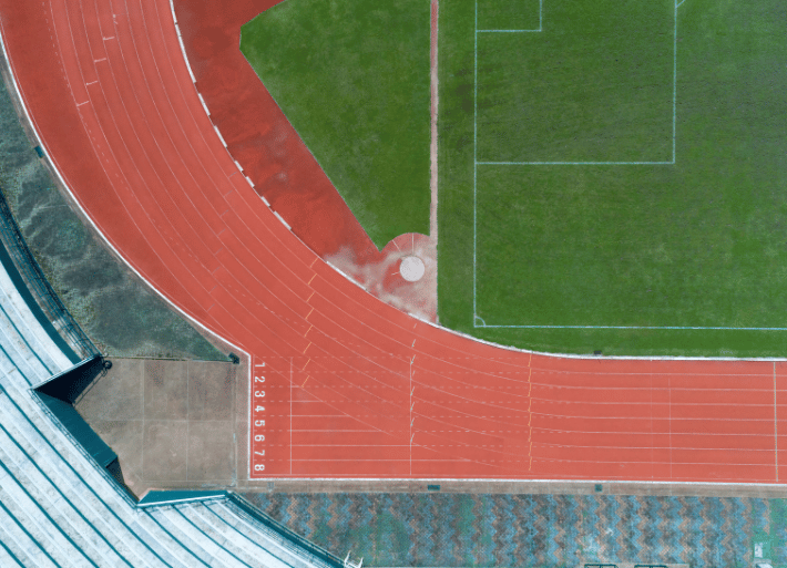 Overhead view of athletics track - 100m start ilne