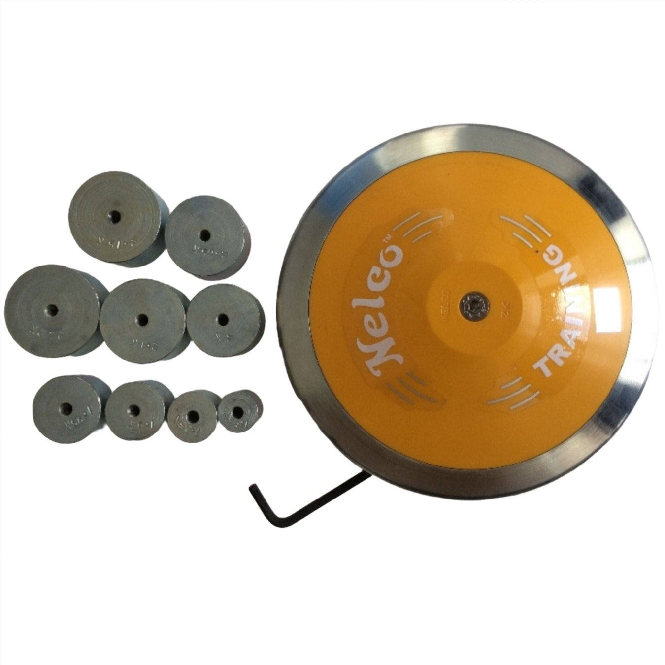 Yellow Nelco training discus with various weights and tools for adjusting