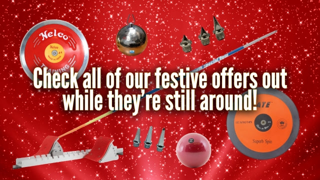 Selection of athletic equipment on a festive red background with promotional text