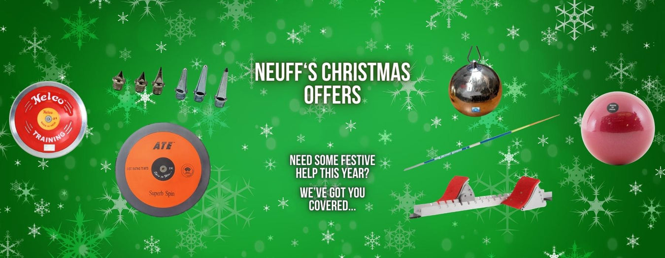 Selection of athletics equipment on a green festive background with promotional text