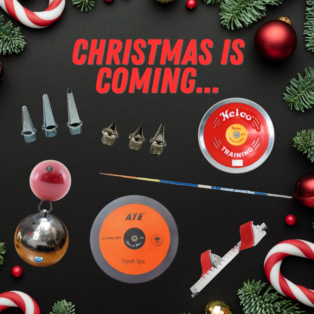 Selection of athletics equipment on a black festive background with promotional text