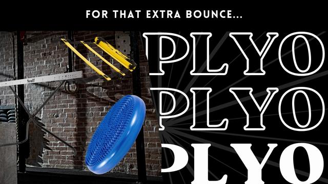 Agility ladder, wobble cushion and weight bar with 'Plyo' words on black background 