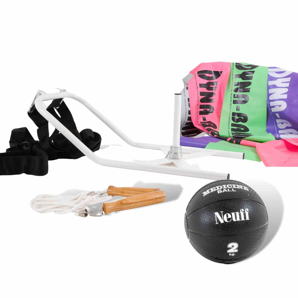 S&C training Power Pack, including resistance sledge, Dynabands, skipping rope and medicine ball