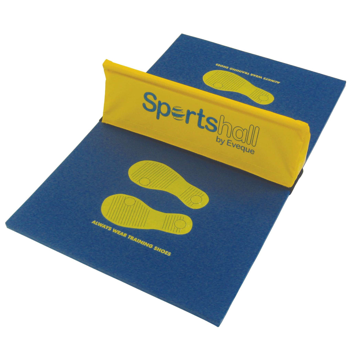 Eveque Sportshall Speedbounce mat in blue with a yellow barrier and footprints