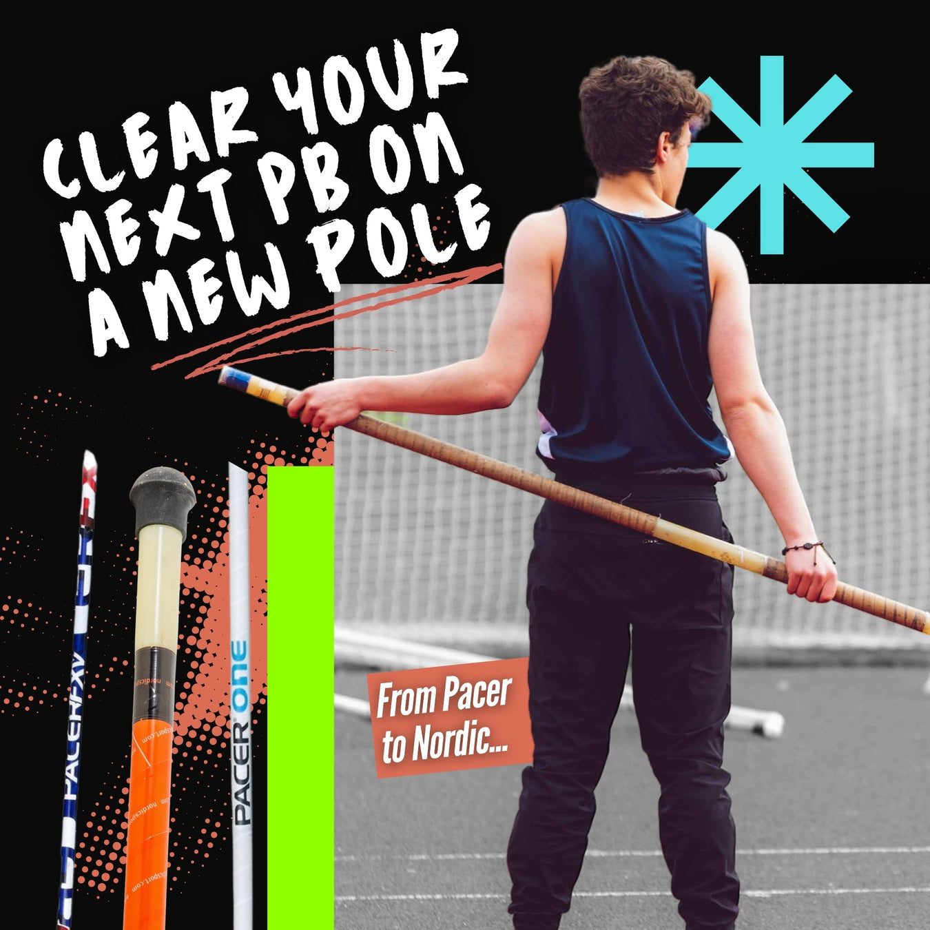 Athlete holding a vaulting pole behind his back, with close up of vaulting poles on the left 