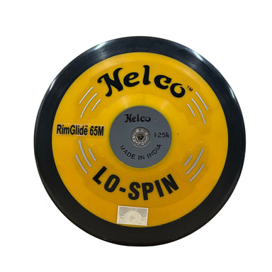 A yellow and black Nelco RimGlide 65M weight plate with a gray center label, shown on a plain white background.