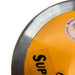 Close-up of a discus showing a bright yellow outer ring, a brushed silver metal edge, and part of a white circular sticker with black text on a white background.