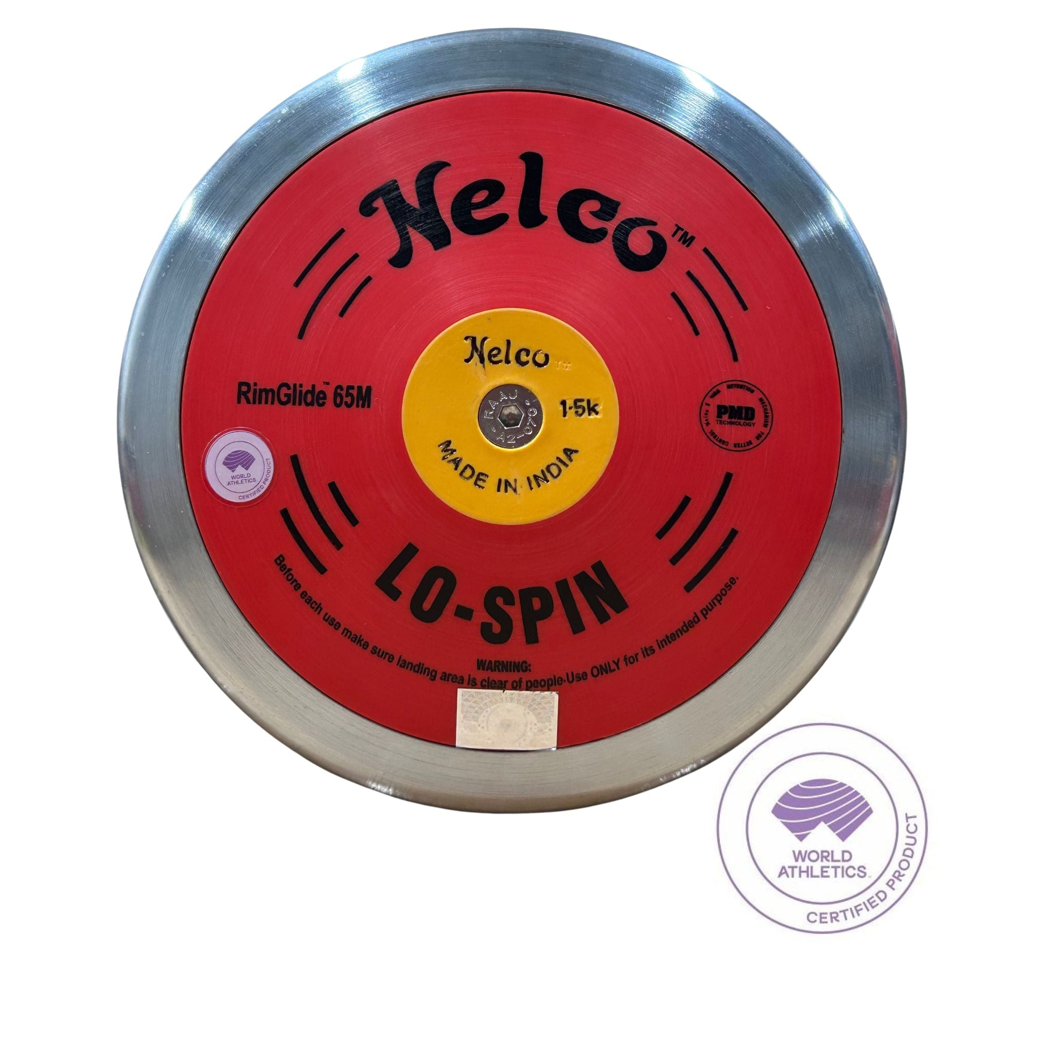 1.5kg red plate discus with silver rim yellow centre disc with rimglide 65m