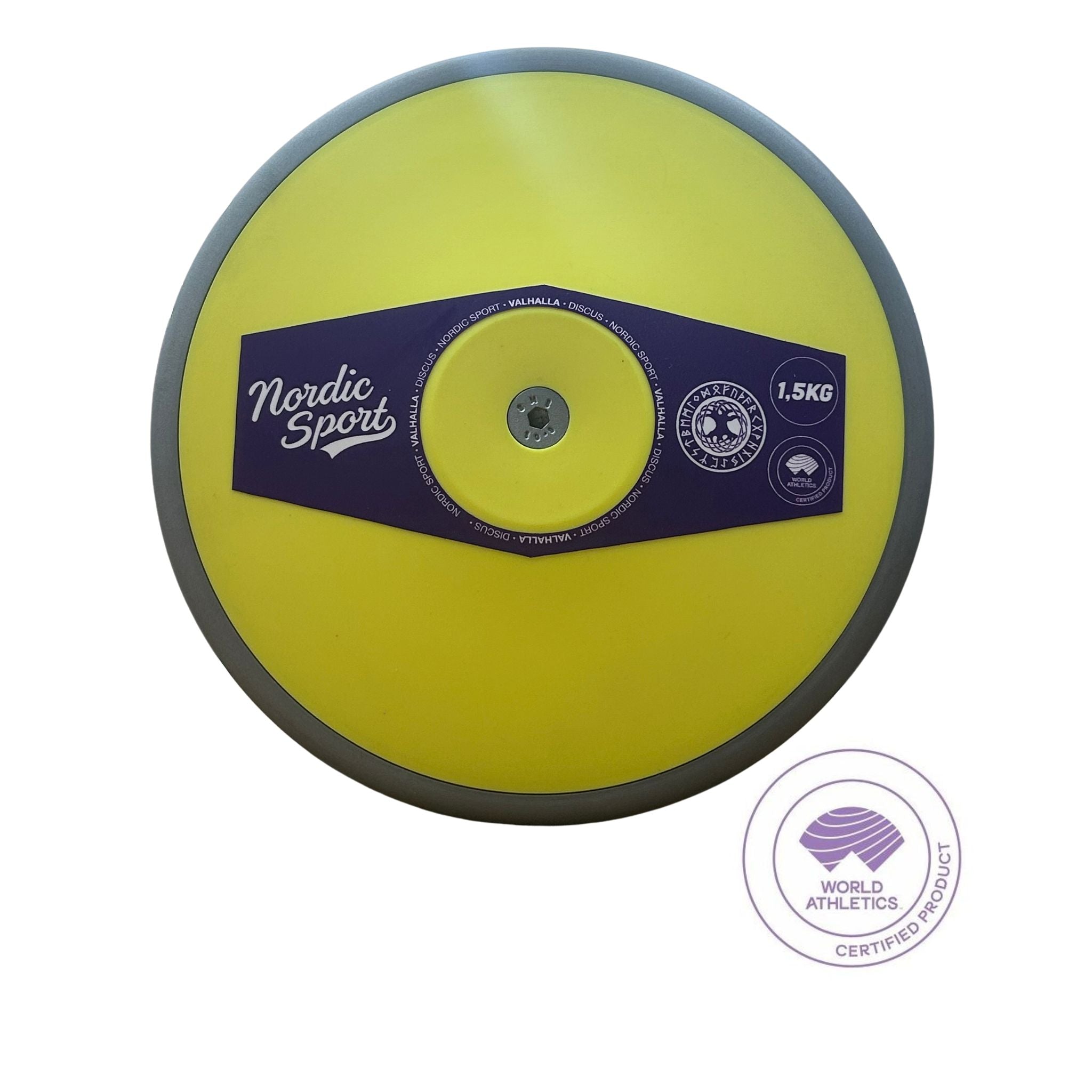 A bright yellow discus with a dark gray outer rim, featuring a central dark blue label that reads 'Nordic Sport' and '1.5KG'.