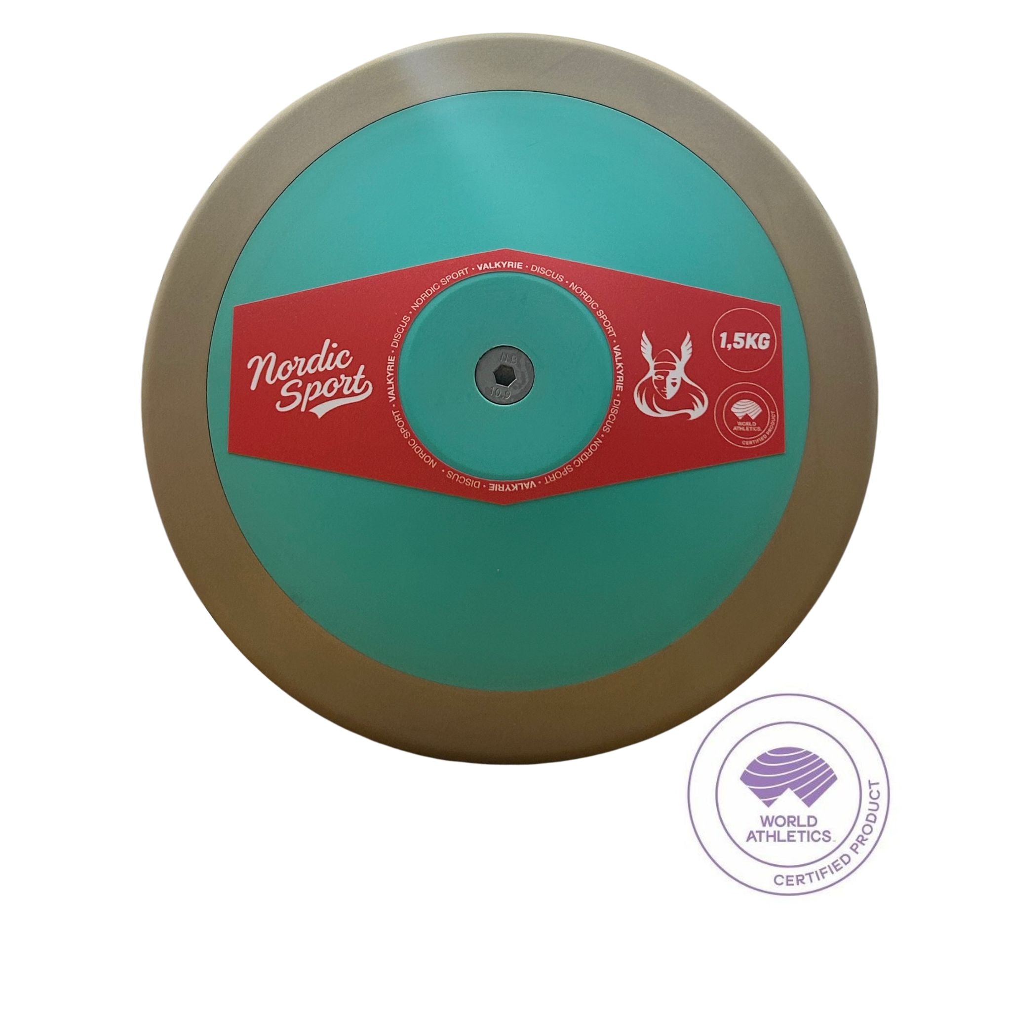 A circular Nordic Sport 1.5kg discus thrower with a teal green center, a tan outer rim, and a red central label, shown on a white background with a World Athletics Certified Product badge in the lower right corner.