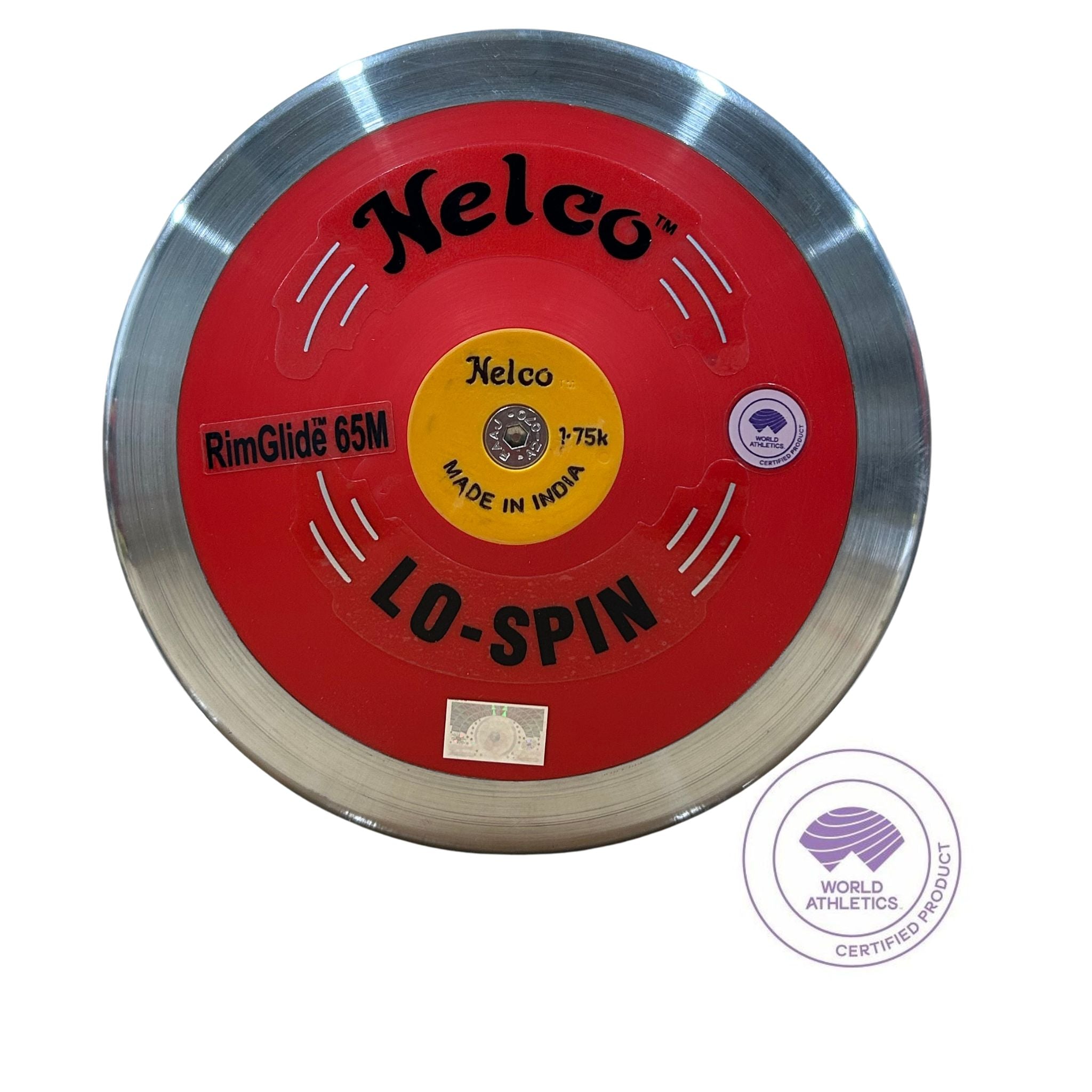 red plate with silver rim 1.75kg discus with the name nelco