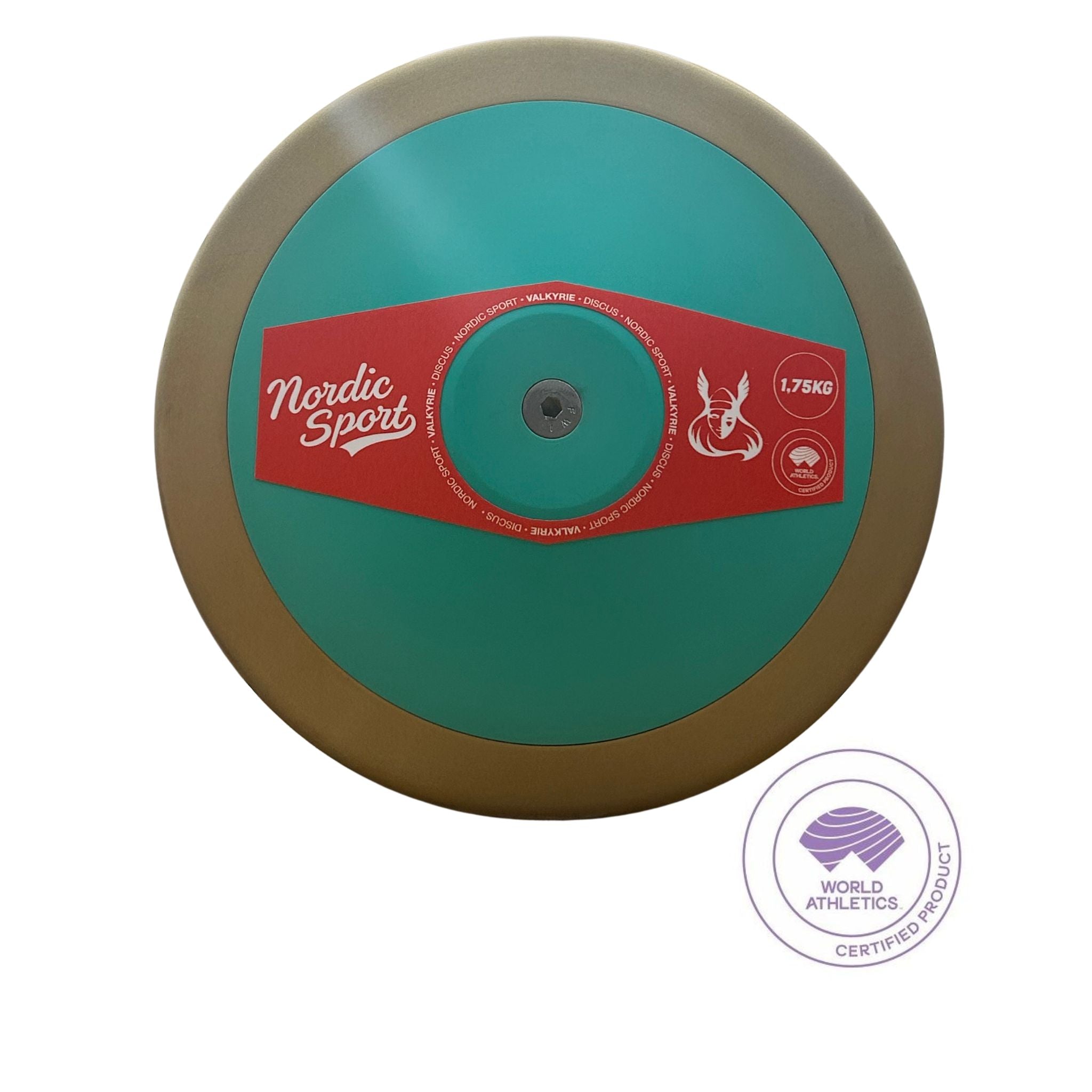 A discus thrower shown from a top-down view on a white background, featuring a metallic bronze outer rim, a teal-green center, and a red label with 'Nordic Sport' branding. A 'World Athletics Certified Product' logo is visible in the bottom right corner.