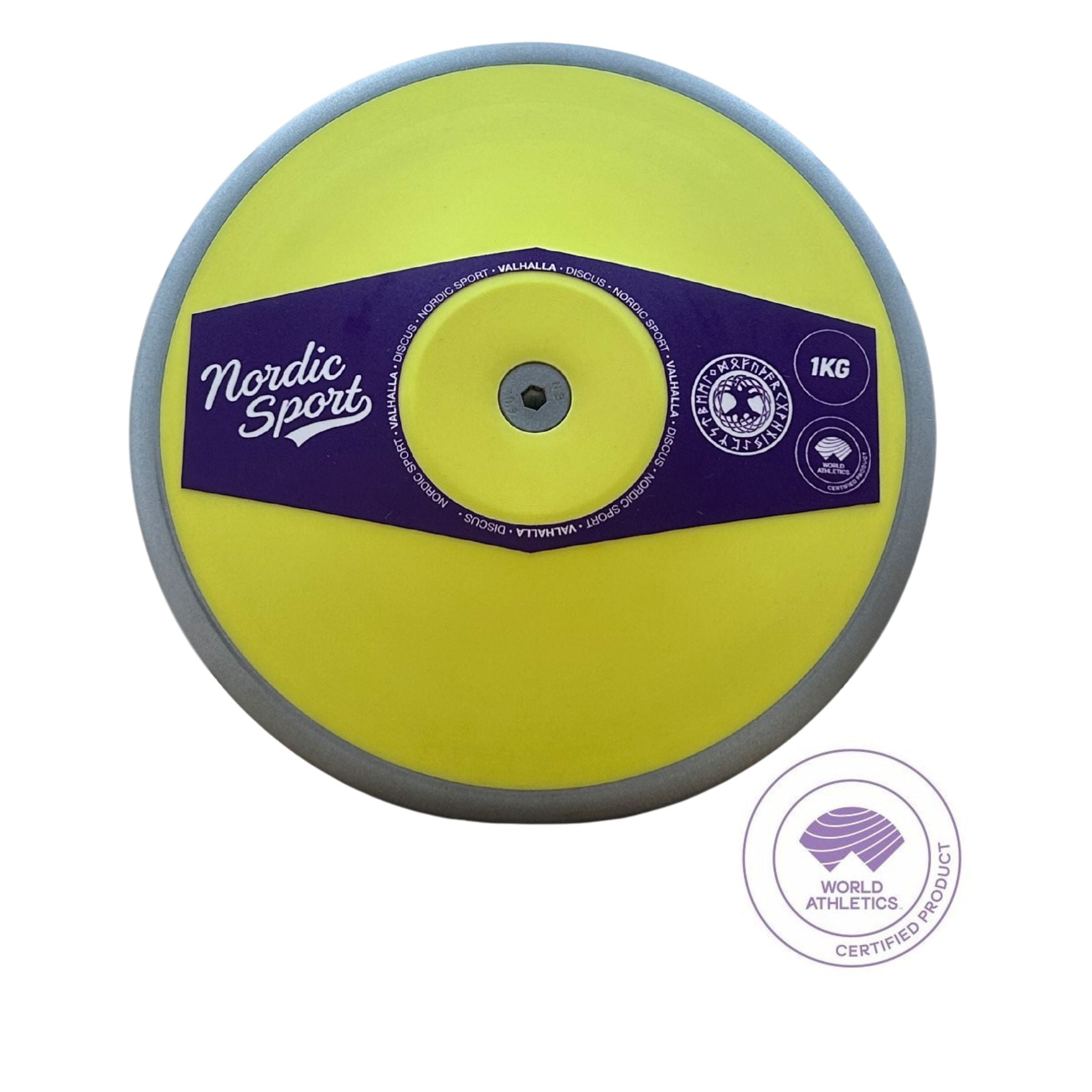 A 1kg Nordic Sport discus thrower, featuring a bright yellow center, a gray outer rim, and a purple label with white text. A World Athletics Certified Product logo is shown in the bottom right corner.