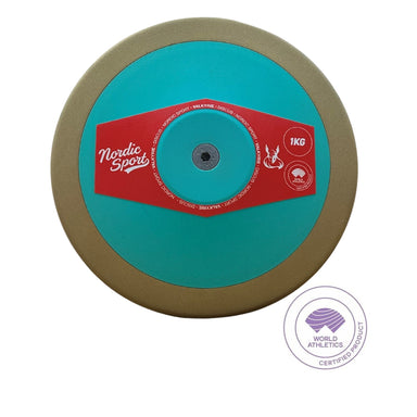 nordic sport discus with a turquoise plate and brass coloured rim with 1kg valkyrie on a red label 