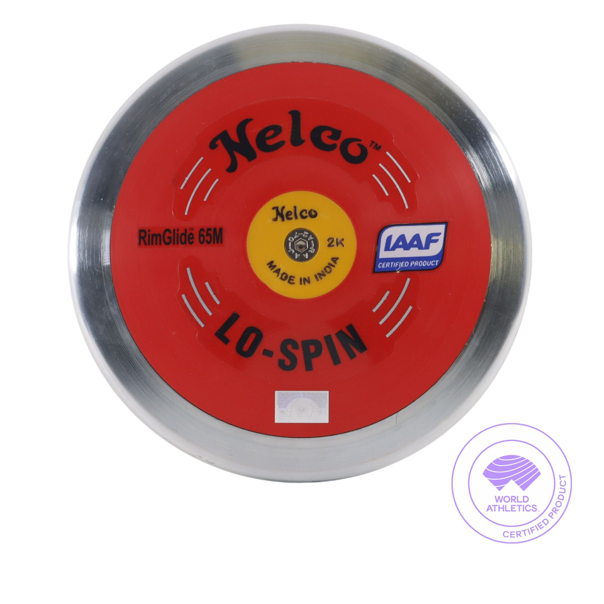 a red and silver discus with the weight of 2kg and yellow disc in the middle