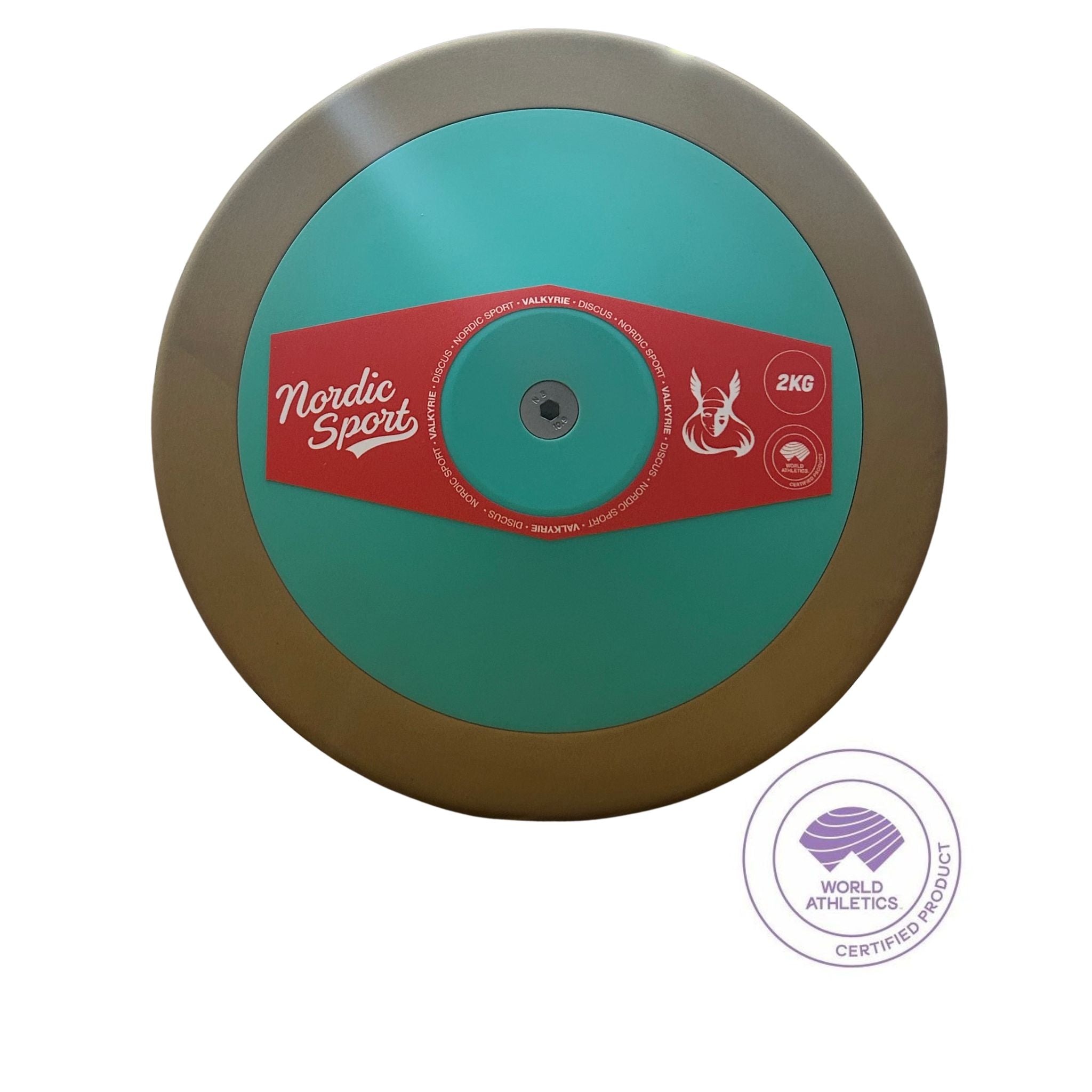 A circular Nordic Sport 2KG discus on a white background, featuring a metallic bronze outer ring, a teal center, and a red label with white text.