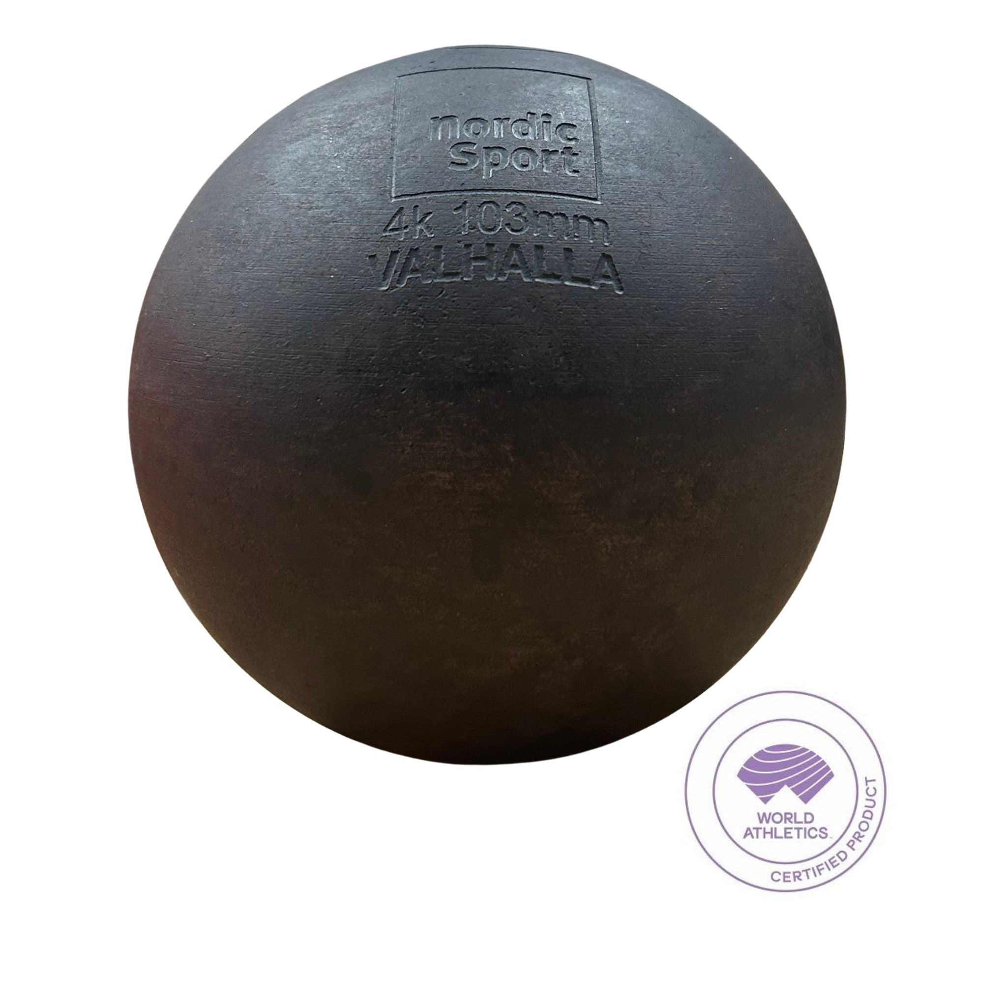 A dark brown cast iron shot put with embossed text reading 'nordic sports', '4k 103mm', and 'VALHALLA' on a white background, with a World Athletics Certified Product seal in the bottom right corner.