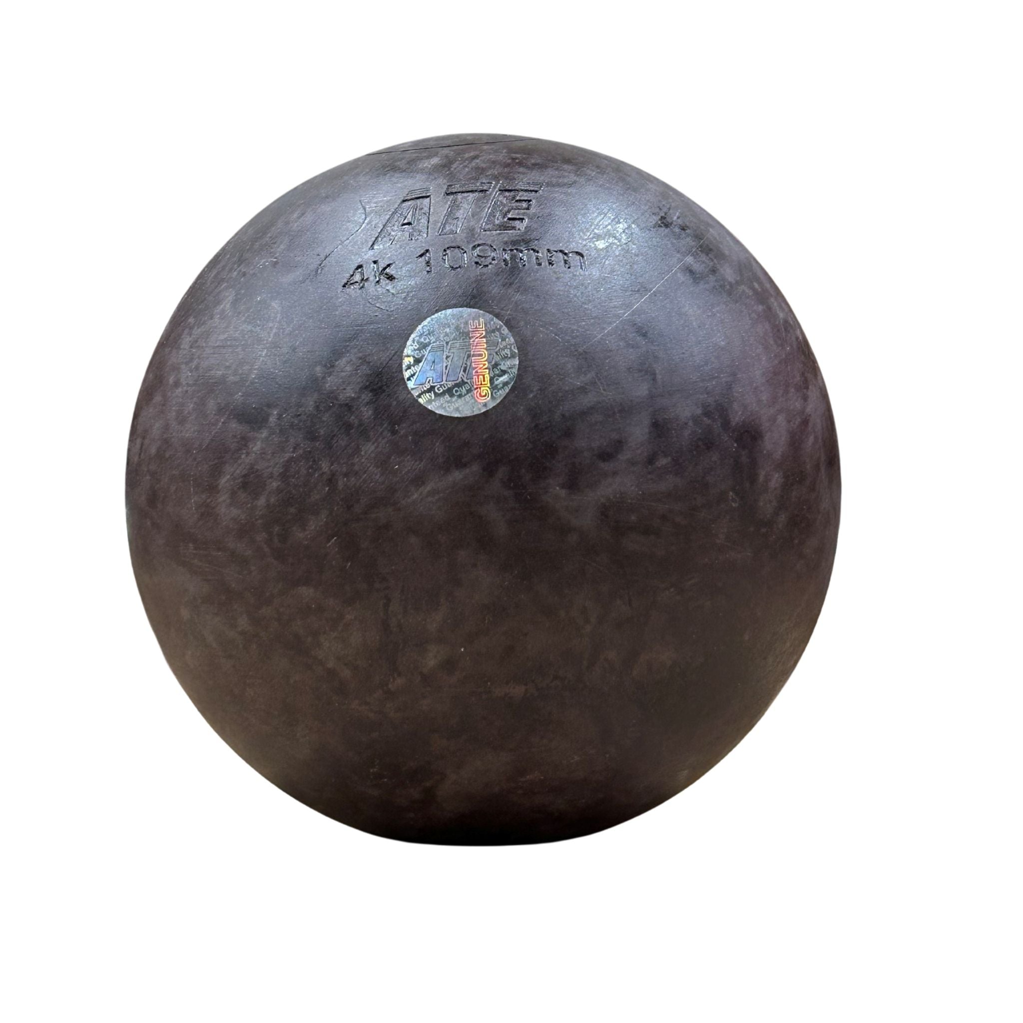 A dark metallic ball bearing with embossed specifications 'ATE 4K 108mm' and a small holographic sticker, isolated on a white background.