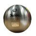 A polished steel throwing ball with a brushed metallic finish, featuring the 'Nelco' brand name, '5K' weight, and '119mm' size printed on the front. A black circular 'MADE IN INDIA' sticker is visible near the top, and a small yellow sticker is on the right edge, all set against a plain white background.