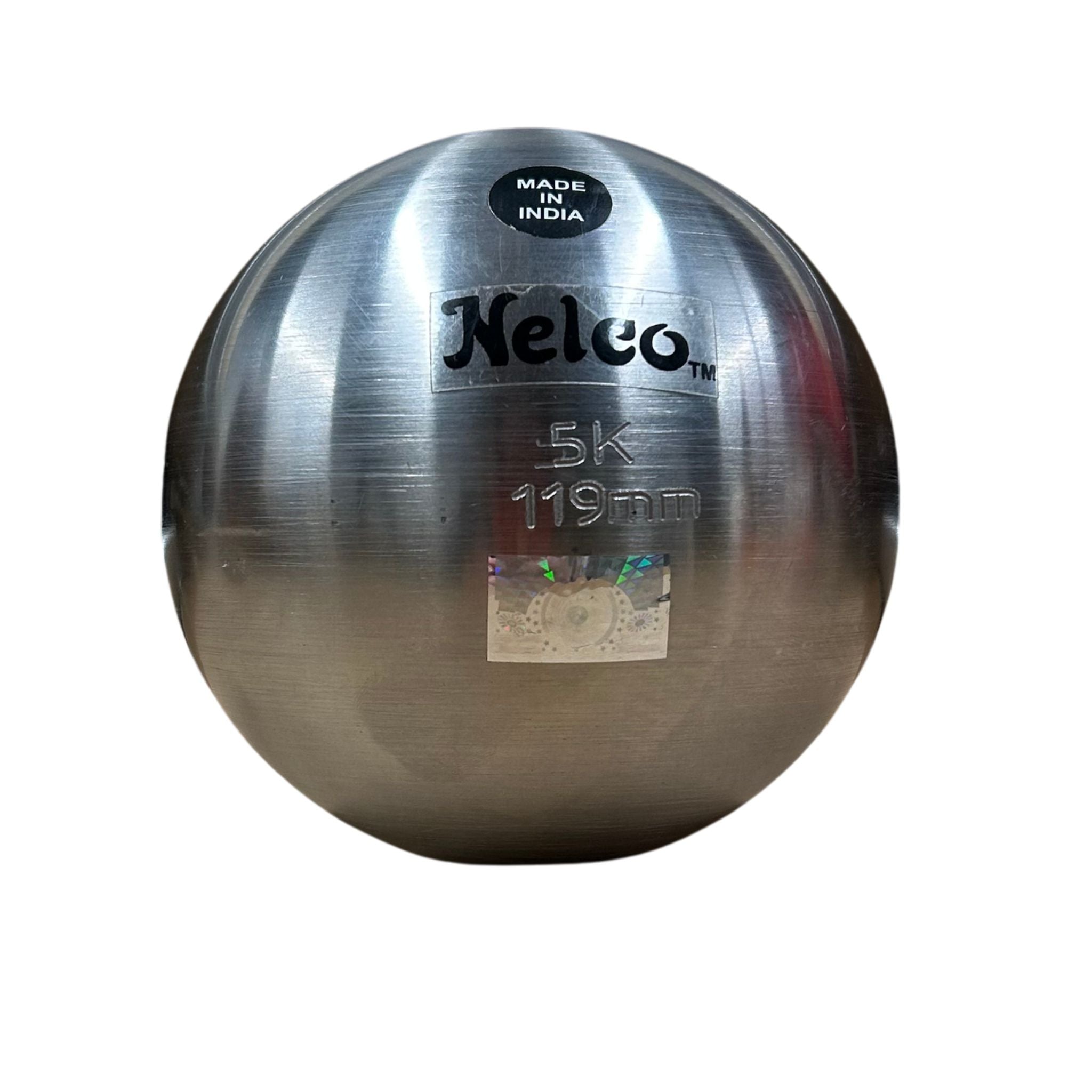 A round metallic stainless steel weight ball with a brushed finish, featuring the brand name 'Nelco' and specifications '5K 119mm' on the front, set against a plain white background.