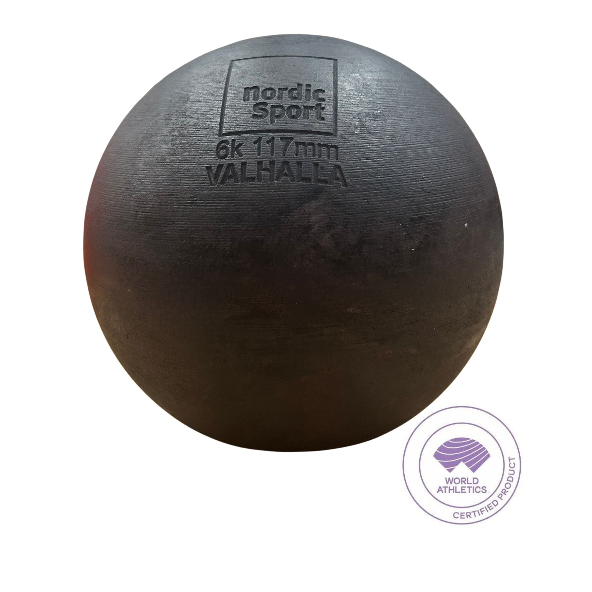 round shot with 6kg 117mm nordic sport valhalla written on the ball on a white background with a world athletic symbol on the bottom 