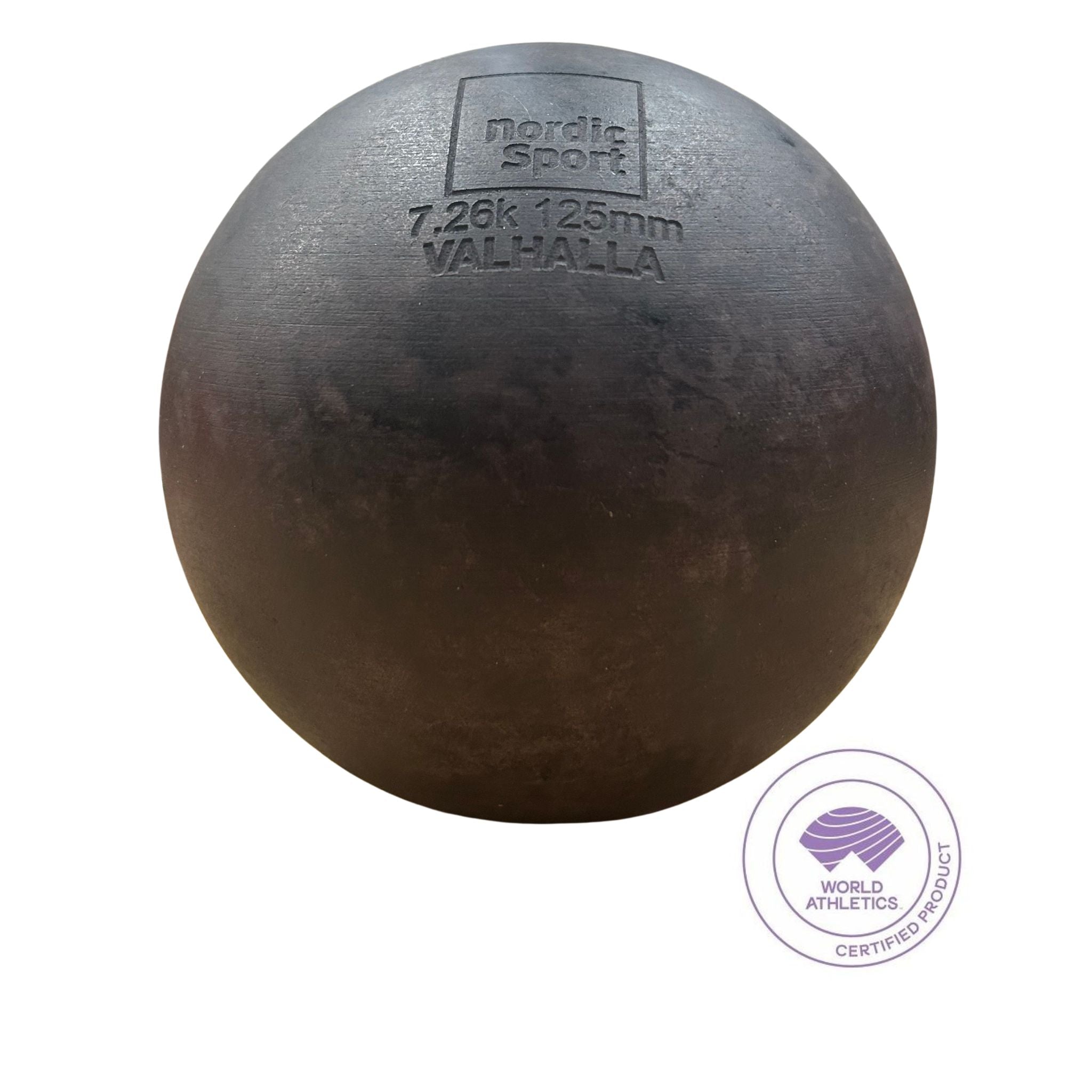 round ball with 7.26kg 125mm nordic sport valhalla written on the shot with world athletic symbol on the bottom on a white background