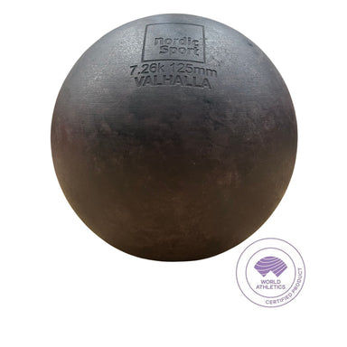 round ball with 7.26kg 125mm nordic sport valhalla written on the shot with world athletic symbol on the bottom on a white background