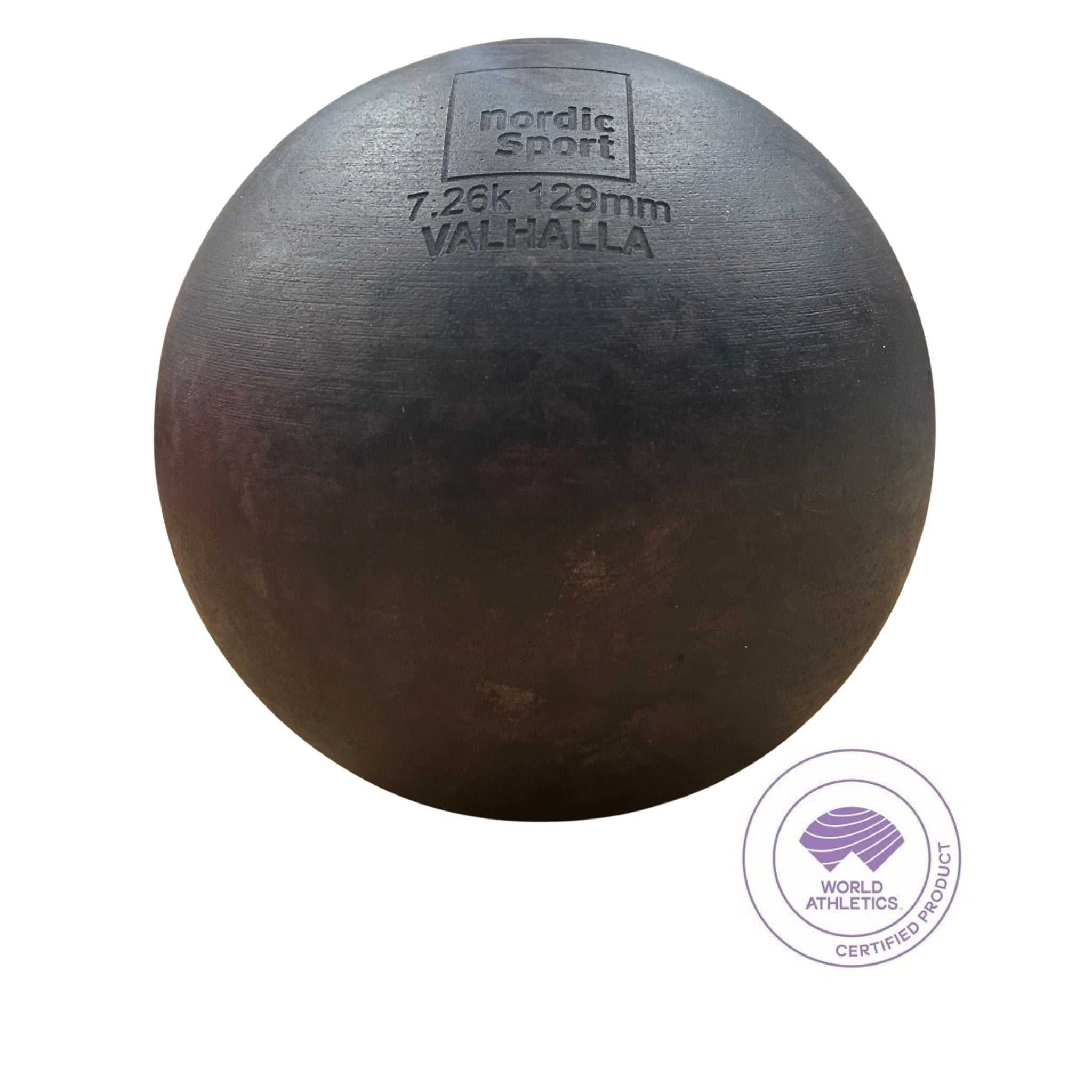 nordic sport 7.26kg 129mm valhalla shot roubd shot on a white background with world athletic symbol on the bottom