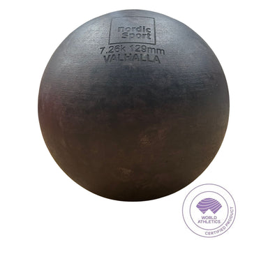 nordic sport 7.26kg 129mm valhalla shot roubd shot on a white background with world athletic symbol on the bottom