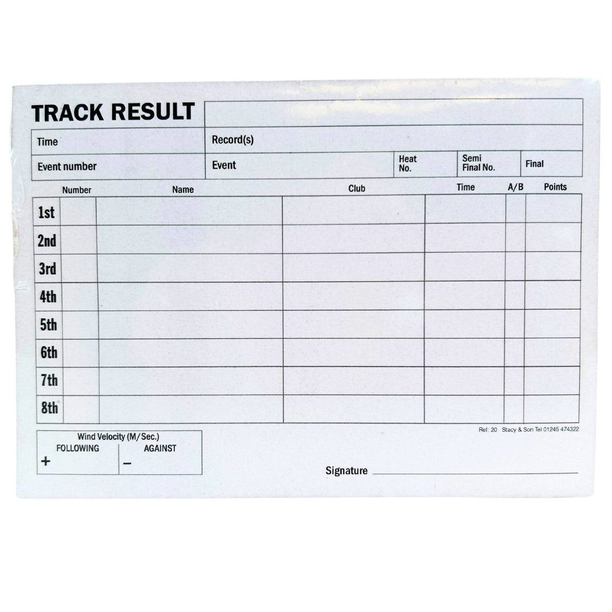 8 comp track result results sheet pad - track events - 8 or 16 competitor - pressure