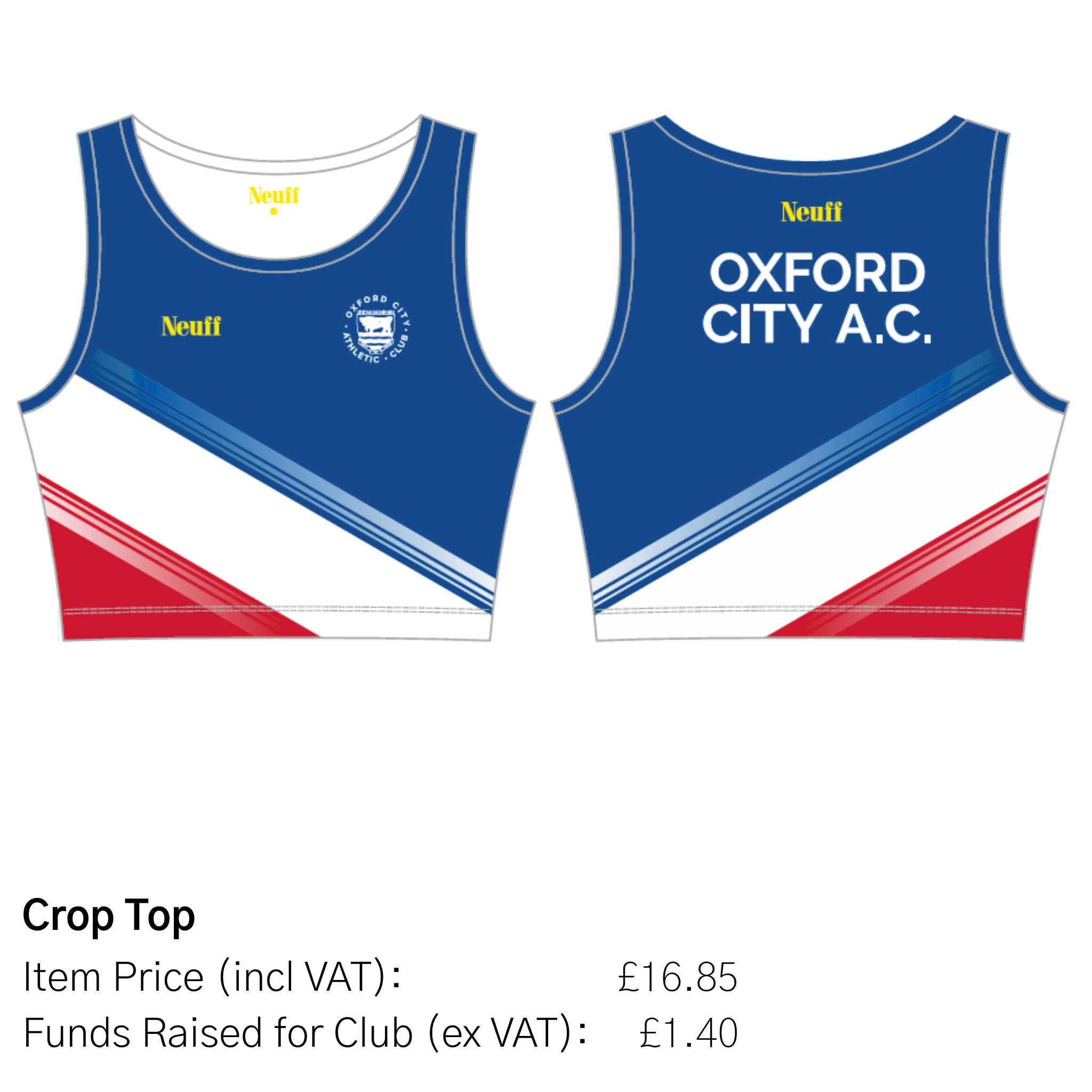 Blue, white, and red crop top with 'Neuff' branding and 'Oxford City A.C.' text on a white background.
