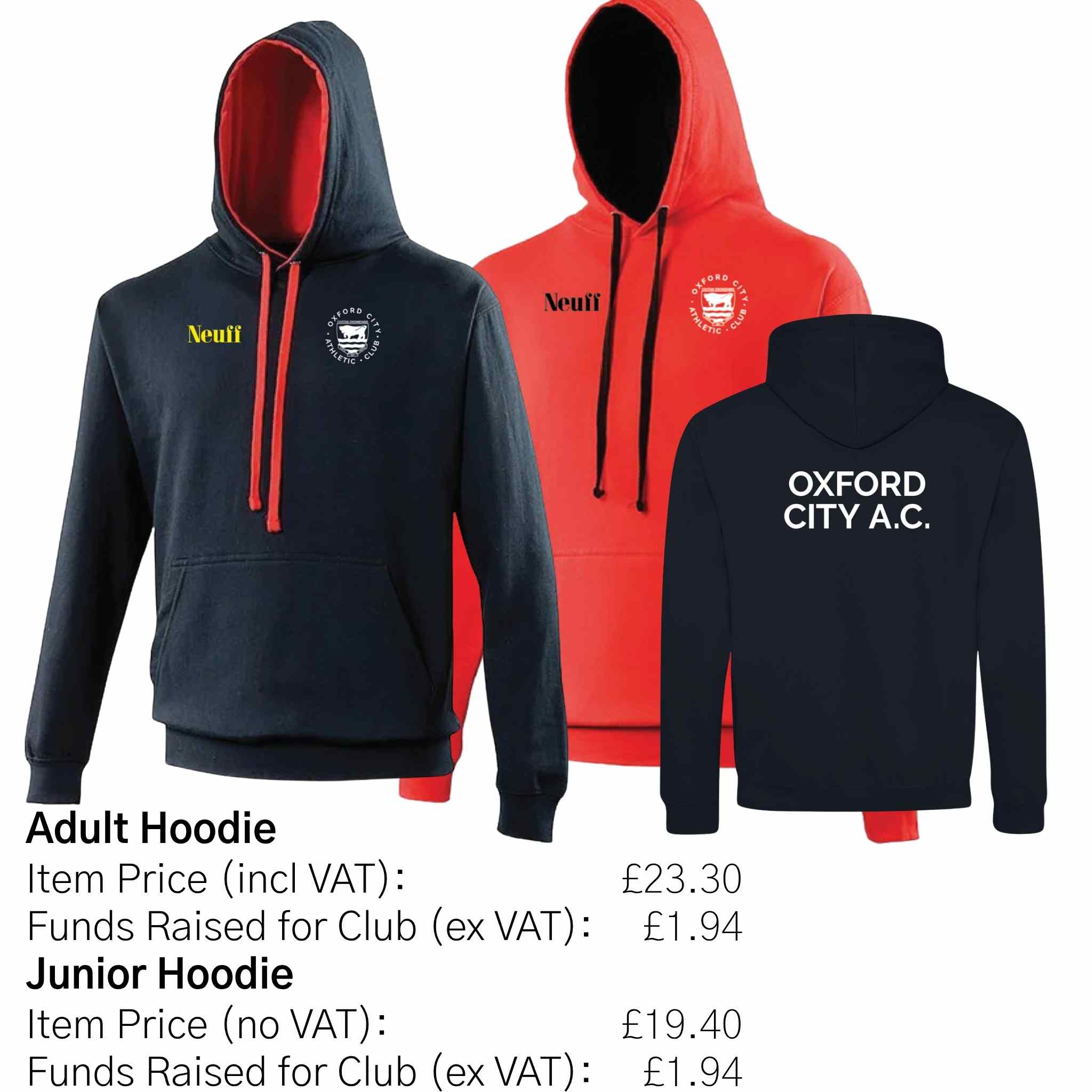 Two hoodies, one navy and one red, with visible branding and text on a white background.