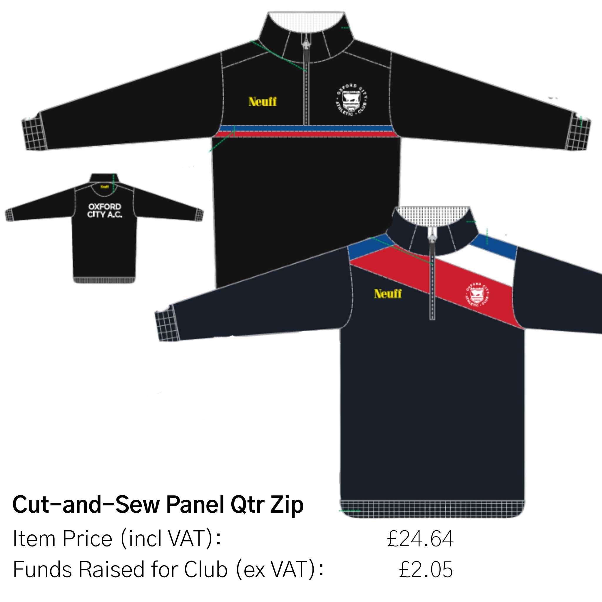 Black quarter zip sweatshirt with panel design and branding on a white background