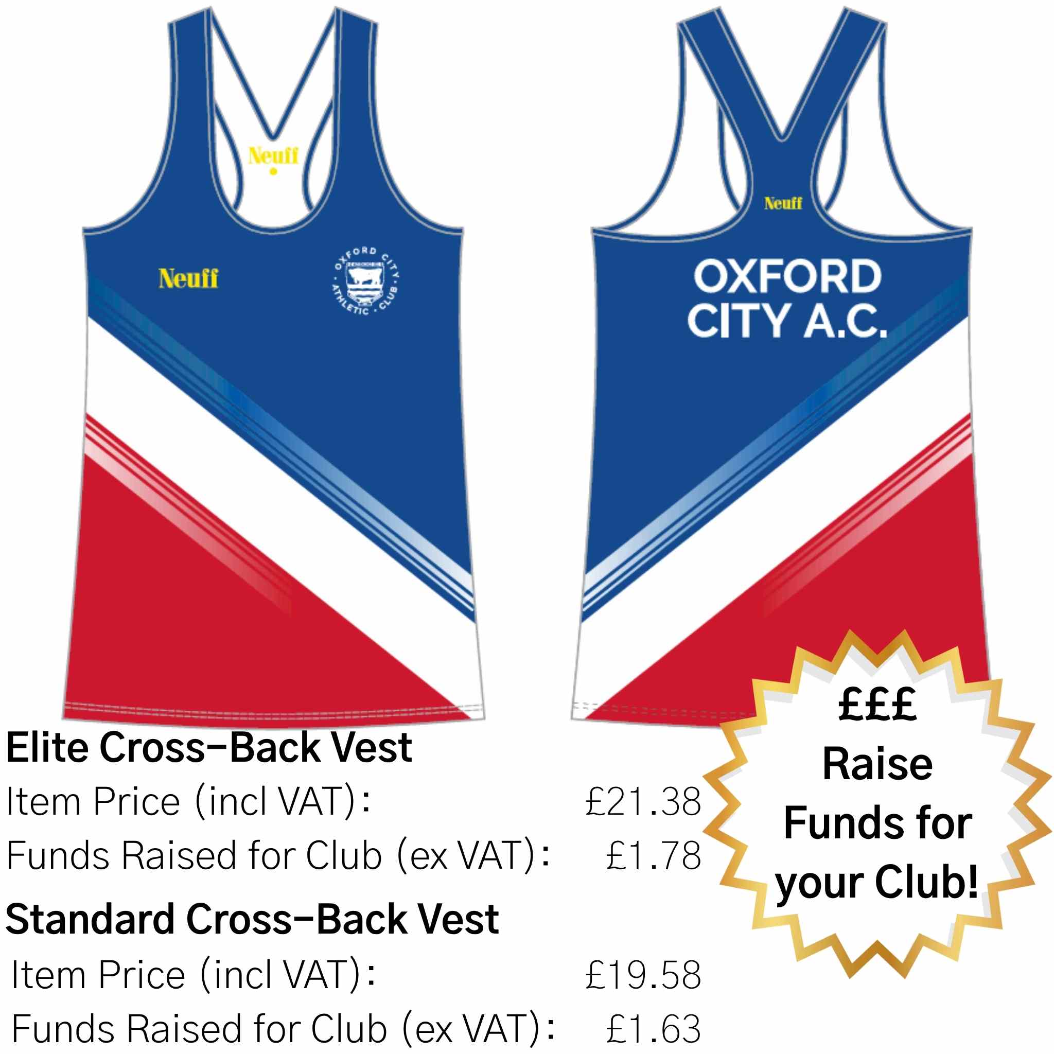 Two blue and red cross-back athletic vests with Oxford City AC and Neuff branding and pricing information.